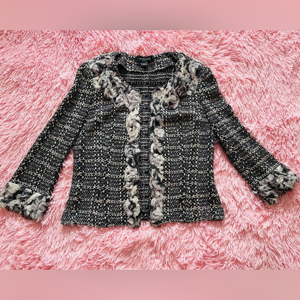 ST.JOHN Women's Knit Purple Gray Ivory Trim Boucle Tweed Shimmer Jacket